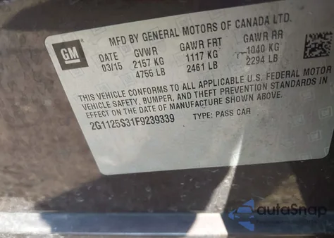 2015 Chevrolet Impala 2Lt из США, поврежденный, VIN 2G1125S31F9239339